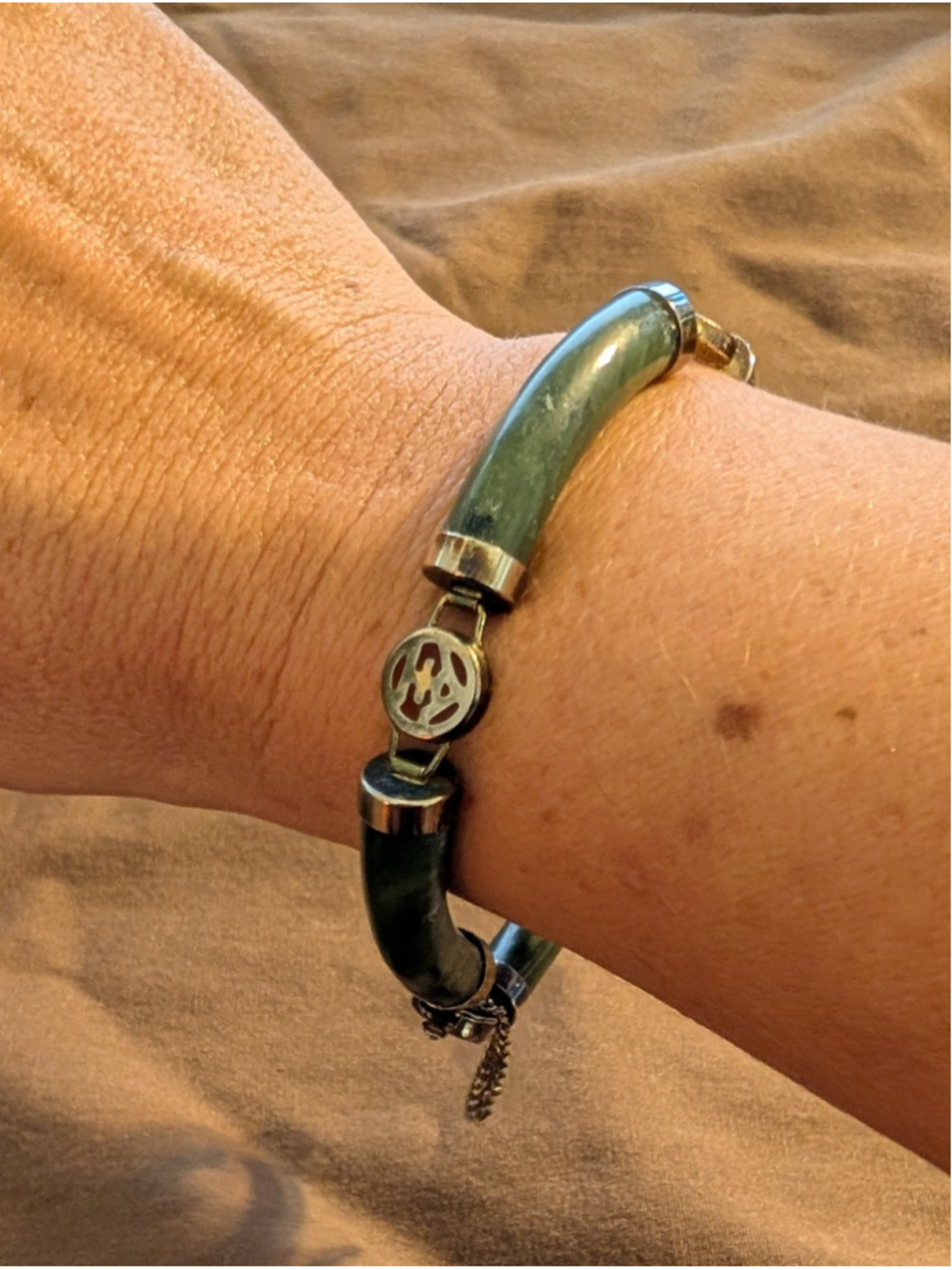 Vintage Green Hardstone Bracelet Chinese Symbol Links Safety Chain